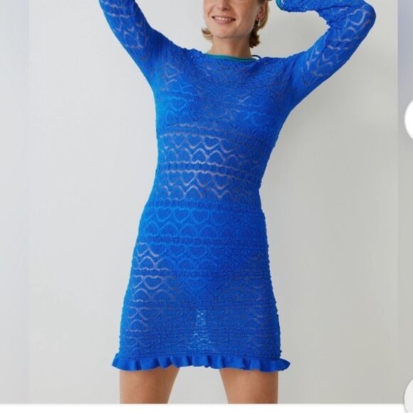 J Crew Limited Edition Blue Open Back Lace Mini Sweater Dress Size XL - Picture 2 of 8